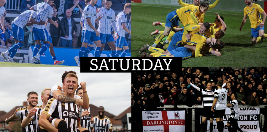 Split image of Darlington, Spennymoor, Stockton and Hartlepool players all celebrating